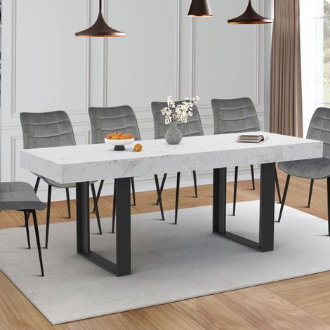 ALASKA 160-200 cm PHOENIX Mesa de comedor rectangular extensible para 4-8 personas con tablero efecto mármol blanco (1/5)