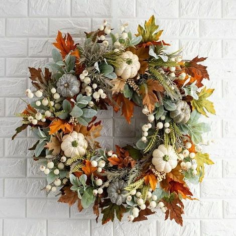 Couronne d'automne pour porte d'entrée, feuilles d'érable, citrouille d'automne, 45 cm, couronne d'Halloween, couronnes de Thanksg1 (1/4)