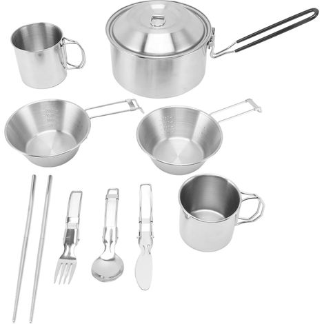 Ensemble de cuisine de camping avec poignées, ustensiles de cuisine en acier inoxydable, ensemble de casseroles pour feu de camp et pique-nique en plein air (1/5)
