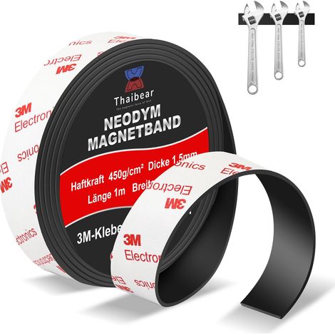 Rouleau de ruban magnétique en néodyme extra fort 15 mm x 1 m x 1,5 mm avec dos adhésif puissant, pour mur, bricolage, art et réfrigérateur (1/5)