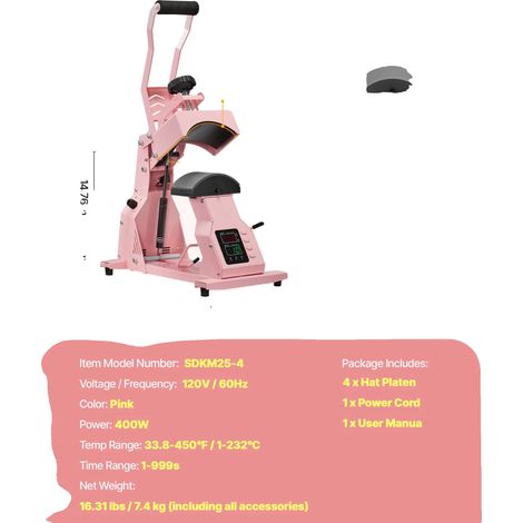 Hat Heat Press Maschine, Dual-Platten, Präzise Temperaturkontrolle, Rosa 4in1 (1/2)