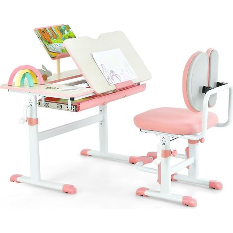 COSTWAY Kinderschreibtisch Set mit Stuhl höhenverstellbar, mit neigbarer Tischplatte, Bücherständer, Schublade, für Kleinkinder  Rosa (1/5)