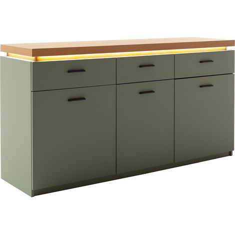 Wohnzimmer-Sideboard mit 156 cm Breite in Grün mit Eiche, 3 Türen, 3 Schubladen, LED-Akzentbeleuchtung - MOSTAR-05 (1/5)