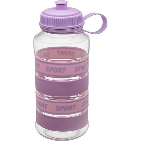 Gourde Maxi Sport 1000 ml rose chiné, avec sangles en silicone et poignée en plastique portant l'inscription « sport ». (1/3)