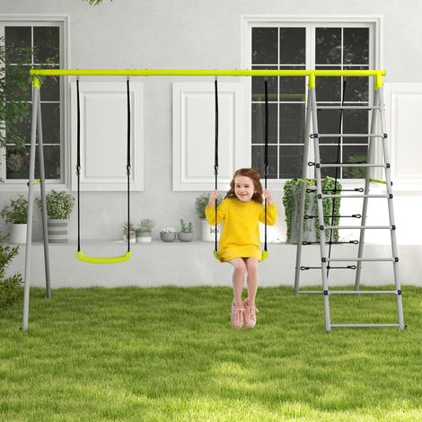 4 en 1 balançoire portique pour enfant avec 2 siège de échelle grimpeuse et filet d'escalade - vert