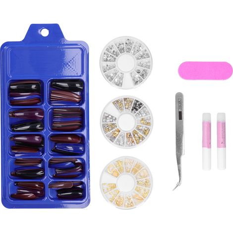 Étui de 51 ongles artificiels longs colorés ABS, autocollants de manucure couvrants complets, conseils de faux ongles avec coffret (1/5)