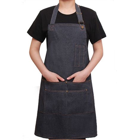 Tablier en denim, tablier de travail multifonctionnel réglable avec poches à outils avec pour barbier peintre artisan jardinier coiffeur barista tablier en denim anti. (bleu) (1/5)