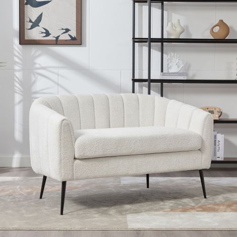 Mini-canapé inclinable en chenille (Canapé d'appoint) — Canapé 2 places moderne et lustré, avec pieds en métal et capitonnage vertical — Pour salon, chambre, bureau ou petits espaces — Ivoire