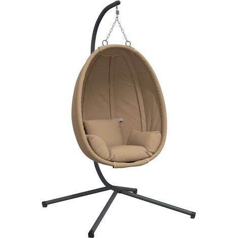 Fauteuil suspendu en forme d'œuf, en rotin tressé gris-brun, avec une structure en acier. (1/5)
