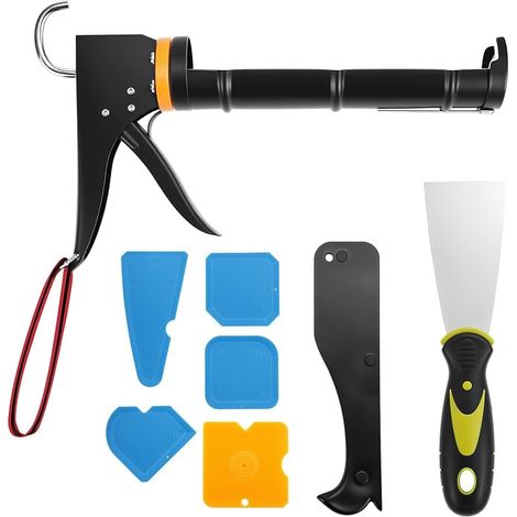Caulking Gun Kit, Caulking Knife, 6 Silicone Grout Spatulas for Caulking Removal, Tile Work without Joint (1/5)
