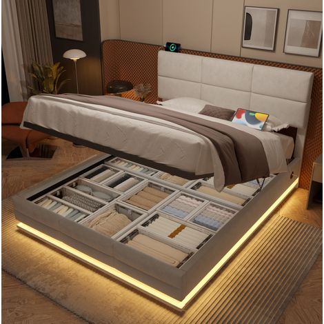 Cama con canapé 160x200 cm de terciopelo beige, cabecero regulable, LED, USB, DESVIAE (1/5)