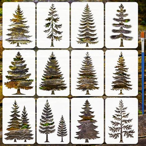 12Pcs Pochoirs D'Arbres de Pin Avec Pinceau 21x29.7cm Pochoir Nature de Pins Modèle à Thème Végétal Pochoir en Plastique PET Épaissi pour Peinture sur Bois Mur Meuble DIY Décor Maison (1/5)