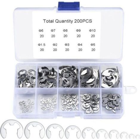 Lot de 200 E-Clips en acier inoxydable – Anneaux de retenue externes 1,5 à 10 mm – Résistants à la rouille pour applications industrielles (1/4)