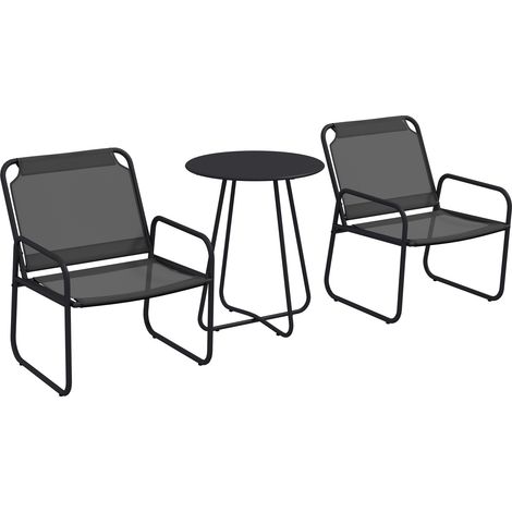Ensemble de jardin 3 pièces, salon de jardin, 2 fauteuils 1 table ronde, acier et tissu mesh, gris