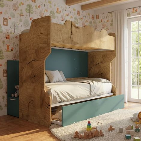 Letto a castello con scala contenitore e terzo letto estraibile - Cameretta salvaspazio - Quercia e verde petrolio