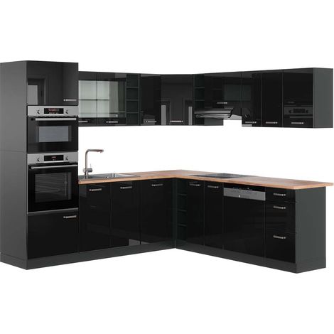Cocina esquinera R-Line, Negro/antracita de alto brillo, 237 x 247 cm , ET Roble, Vicco