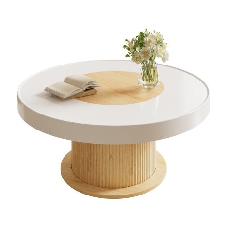 Tavolino rotondo con base cilindrica scanalata, tavolo con piano bicolore bianco e effetto legno in MDF e PVC, tavolino da soggiorno, tavolino compatto per piccoli appartamenti (1/5)