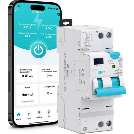 Interrupteur Différentiel 1P+N WIFI/TUYA App,Disjoncteur Automatique Réarmable Type AC 6kA, Protection contre les surintensités et fuites Rail din (1-20A / 30-100mA) (1/5)