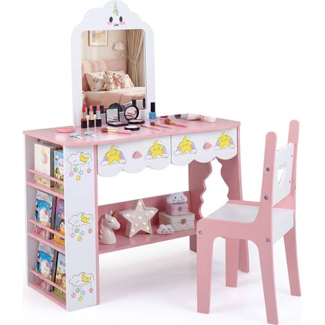 Kids Vanity Set with Mirror & Chair - Pink & White MDF (1/2)