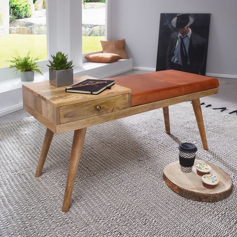 Banc avec 1 tiroir 100x38x52 cm en manguier et cuir (1/5)