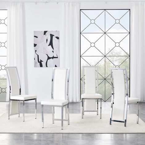 Ensemble de 4 chaises de salle à manger minimalistes européennes avec finitions argentées. Revêtement en cuir blanc bureaux.