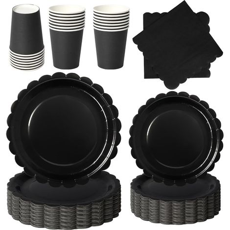 Vaisselle Jetable Noir - 96 Pièces - Papier Épais - Pour 24 Invités - Anniversaire Et Fête (1/5)