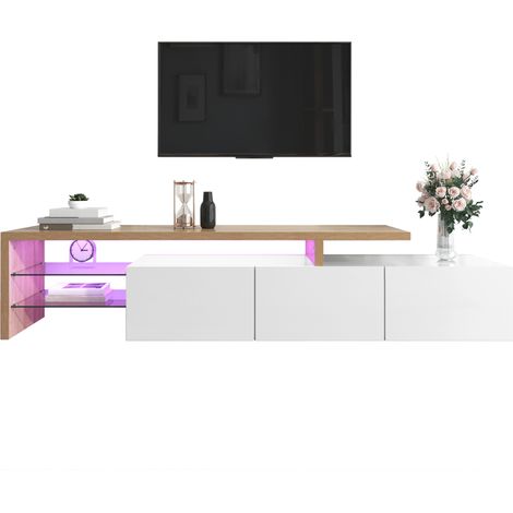 Meuble TV moderne élégant, blanc brillant aspect bois, étagères en verre, éclairage LED, rangement pratique, design contemporain, armoire médias haut de gamme. (1/5)