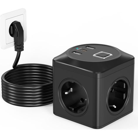 Cube multiprise avec USB, 6 en 1, multiprise USB, cube multiprise avec protection contre les surtensions 3680 W avec interrupteur, rallonge de 2 m, multiprise pour bureau, noir (1/5)