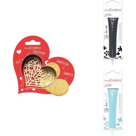 Kit pour biscuit en relief Coeur + 2 Stylos au chocolat noir et bleu pastel (1/3)