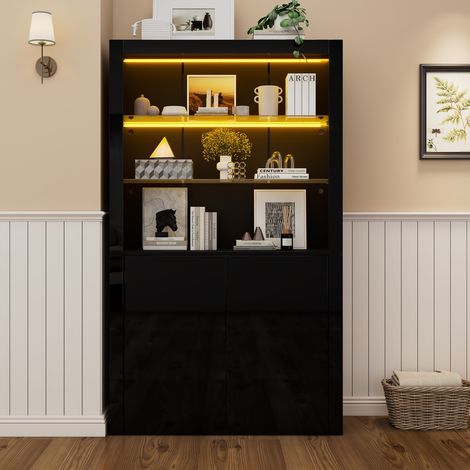 Vitrine LED - 100x35x70cm - Meuble haut avec 2 étagères en verre, 2 placards - laqué brillant - noir (1/5)