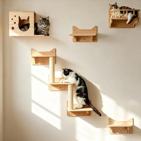 Lot de 9 Meubles Muraux pour Chat en Pin – Maison, Tour d’Observation, 2 Poteaux en Sisal, Échelle Murale 5 Marches et Plates-Formes Larges – Mobilier Mural Gain de Place pour Grands Chats (1/5)