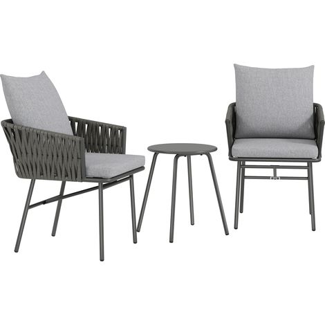 3-Piece Rattan Bistro Set, Garden Table Chairs with 4 Cushions, Patio Rattan Conversation Furniture Set for Balcony, Porch, Terrace, Grey (1/5)