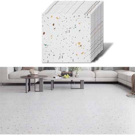 Dalle PVC Adhesive Sol Granit Blanc 12 Pièces Carrelage Adhesif Sol Cuisine Salle de Bain Imperméable Carreaux Adhesif Cuisine Dalles PVC Garage Chambre Amovible Épaissir 1.5mm 30cm × 30cm (1/5)