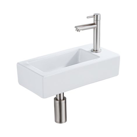 FugaFlow Efficiente Ensemble fontaine Pietra - 37,5x18,5x9cm - céramique - trou de robinet à droite - robinet de fontaine en inox brossé - bouchon de (1/5)