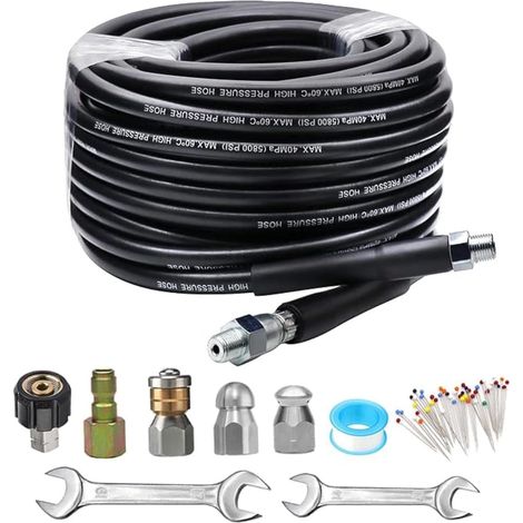 Tubo flessibile per la pulizia degli scarichi da 30 m, kit per la pulizia del tubo flessibile di scarico per idropulitrice da 5800 PSI, raccordo NPT da 1/4", M22 da 14 mm, ugello a getto e ugello a ge