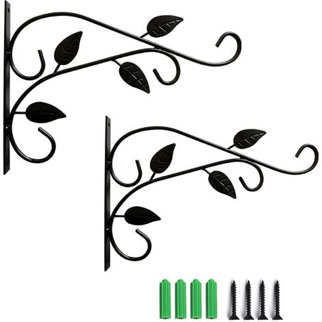 Lot de 2 crochet muraux pour plantes et pots suspendus, supports muraux de jardin en fer forgé, fleurs pour balcons, jardin et maison, vis incluses (noir) (1/4)