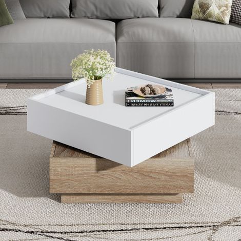 Table basse multifonction / Table de salon — Plateau pivotant, design à deux niveaux avec meuble de rangement — Table d'appoint à structure en noyer — Blanc