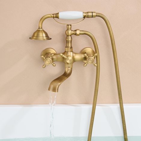 Auralum Max - Mitigeur de baignoire rétro en laiton - Double poignée croisée – Douchette à main - Kit douche inclus - système de douche pour baignoire et salle de bain (1/5)