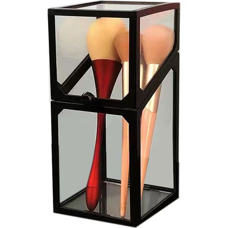 Pot de rangement pour pinceaux de maquillage, étanche à la poussière avec couvercle, pinceau crayon à sourcils, boîte de rangement cosmétique, porte-pinceaux en verre portable, forme carrée noire.