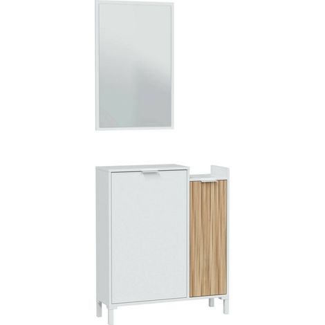Dmora - Mobile da ingresso Williamsport, Entratina a 2 ante, Armadio con specchio, Portaoggetti multifunzione, 77x24h91 cm, Bianco e Rovere, con imballo rinforzato (1/5)