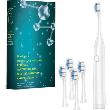 Brosse à dents électrique pour adultes (blanche, avec 4 têtes de rechange), 6 modes, rechargeable (1/5)
