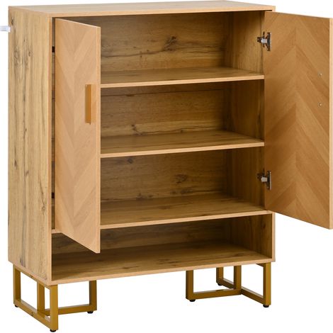 Meuble de rangement pour chaussures moderne et minimaliste. Mise en scène unique avec des motifs en bois. Cadre en métal doré. Meuble de rangement à deux portes. Rangement pour chaussures. Pièce de vi