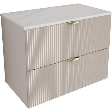 Mobile bagno con frontale scanalato 80 cm con 2 cassetti, cashmere, con piano in marmo bianco (MDF), con maniglia oro, 80 x 47 x 60 cm (1/5)
