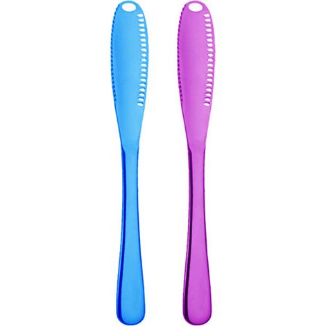 Juego de 2 cuchillos para mantequilla, acero inoxidable, borde dentado, orificio redondo, para pan, queso, hogar. (1/5)