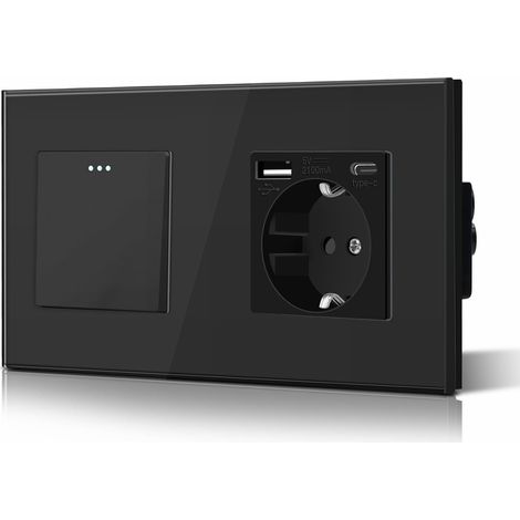 Interrupteur à bascule tactile simple en verre et prise 3 en 1 avec alimentation de charge USB de 2,1 A avec adaptateur de type C, station de charge, panneau en verre, interrupteur mural noir (1/5)