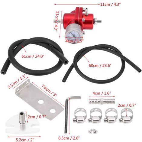 Regulateur De Pression De Carburant - Aluminium Anodise - Plage 0 A 140 Psi - Pour Voiture Universel - Kit Complet Avec Tuyau Et Accessoires - 1 Unite (1/5)