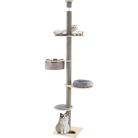 Arbre à Chat du Sol au Plafond avec Hauteur Ajustable de 236-271 CM, Tour à 5 Niveaux avec Perchoir, Lit Douillet, Hamac, Poteaux à Griffer (1/5)