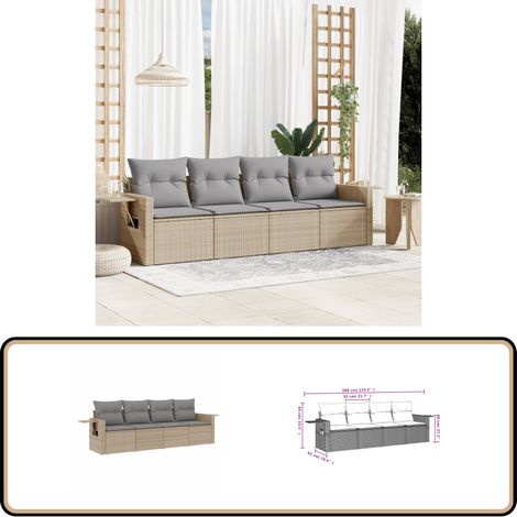 4-tlg. Garten-Sofagarnitur mit Kissen Beige Poly Rattan - Gartenmöbel - PE-Rattan - Outdoor Möbel - Lounge Set - Sofasitzgruppe