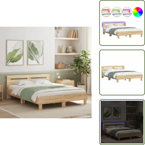 The Living Store Estructura de cama cabecero y luces LED roble Sonoma 150x200 cm - Estructura de cama