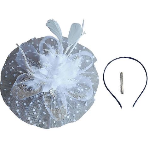 Chapeau haut-de-forme décoratif en résille à plumes, bandeau, accessoire de coiffure pour femme, motif floral à pois-White (1/5)